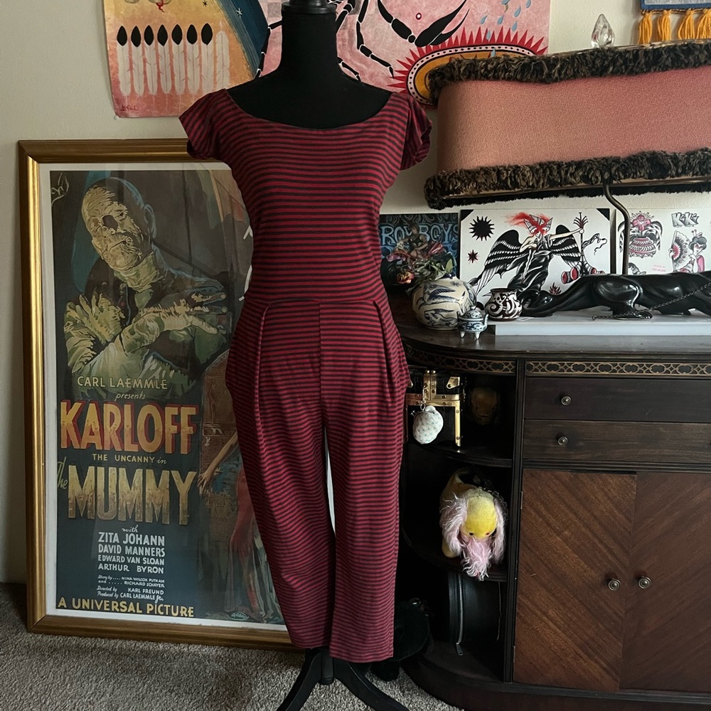 Vintage 80s punk label betsey johnson striped jumpsuit